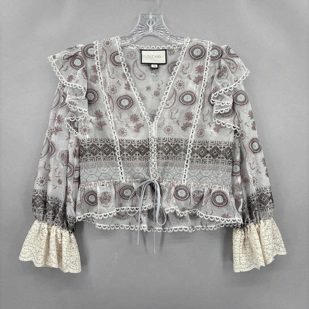 Alexis Blouse Womens XS Gray Lace Ruffle Peplum Sheer Embroidered Boho Paisley
